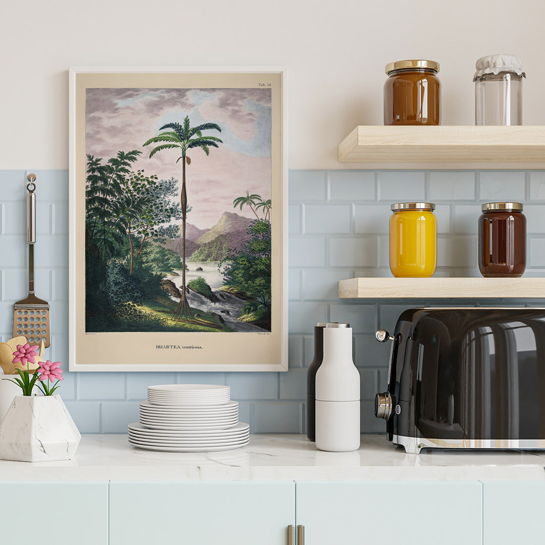 Iriartea ventricosa palm tree in lush tropical landscape artwork by Carl Friedrich Philipp von Martius poster, framed and displayed in home decor