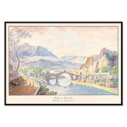 Bridge of Martorelle by Charles Hamilton Smith stone bridge over river with mountains scenic landscape poster, with black aluminium frame on white background