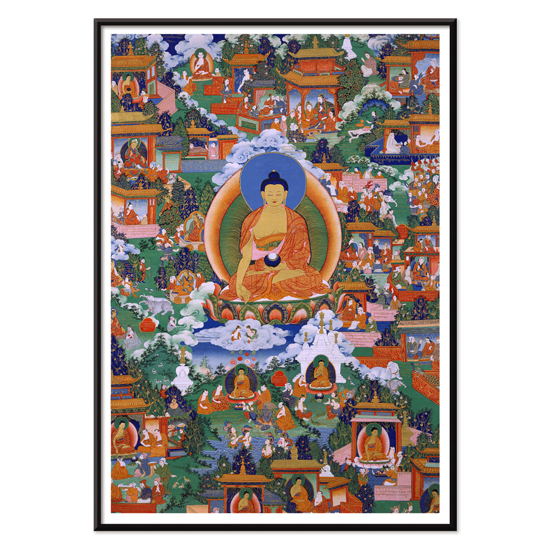 Shakyamuni Buddha in Avadana Legend Scenes painting and poster depicting life events teachings and surrounded by various figures in a vibrant detailed illustration, with black aluminium frame on white background