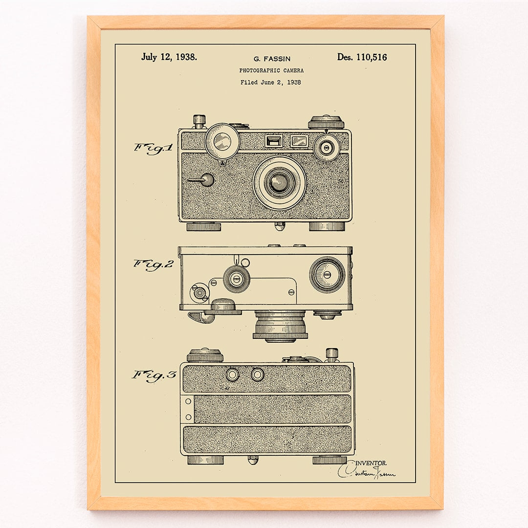 Photographic camera patent illustration and detailed patent drawings by G Fassin poster, framed and displayed in modern living room decor
