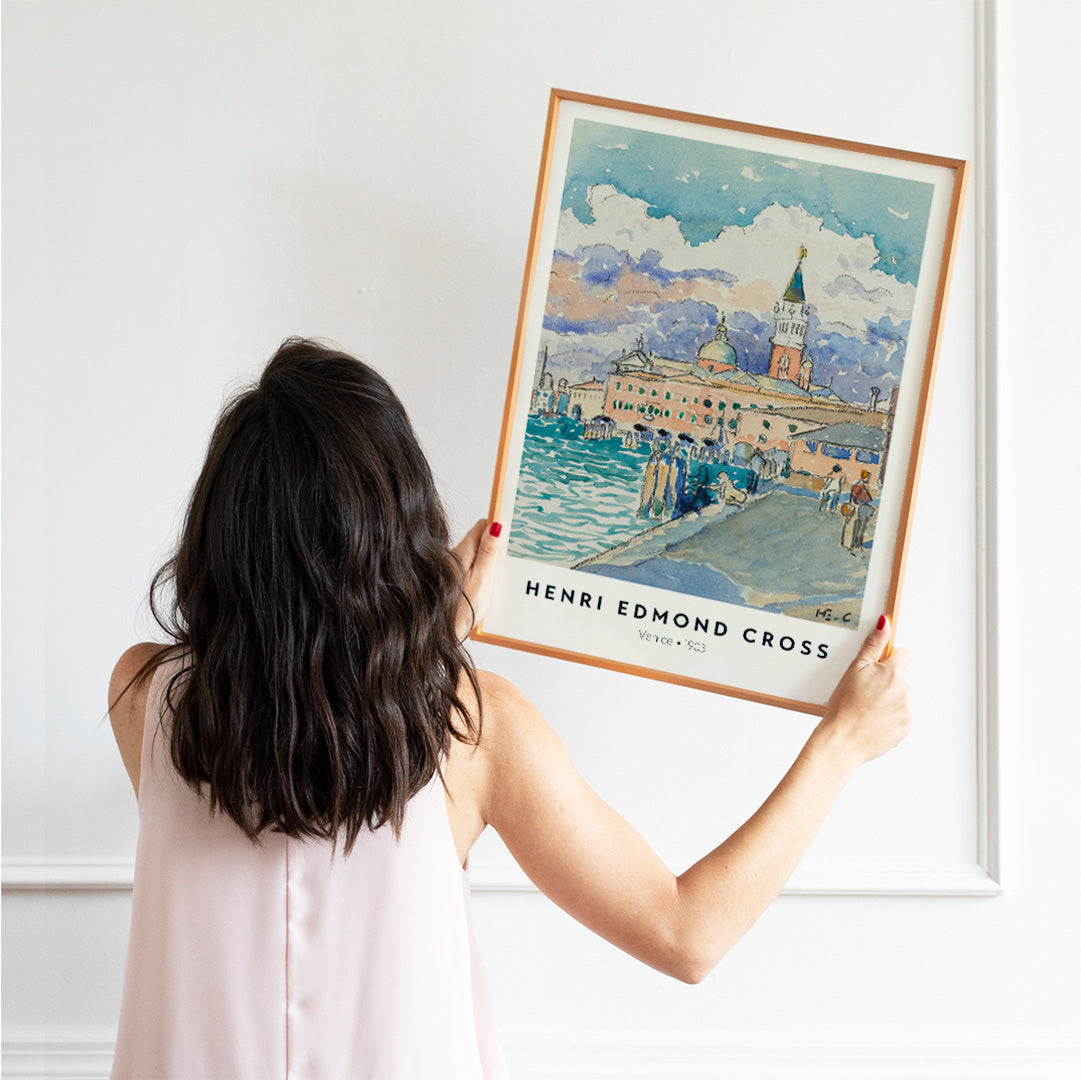 Venice waterfront artwork by Henri Edmond Cross featuring vibrant historic buildings and colorful sky poster, framed and displayed in home decor