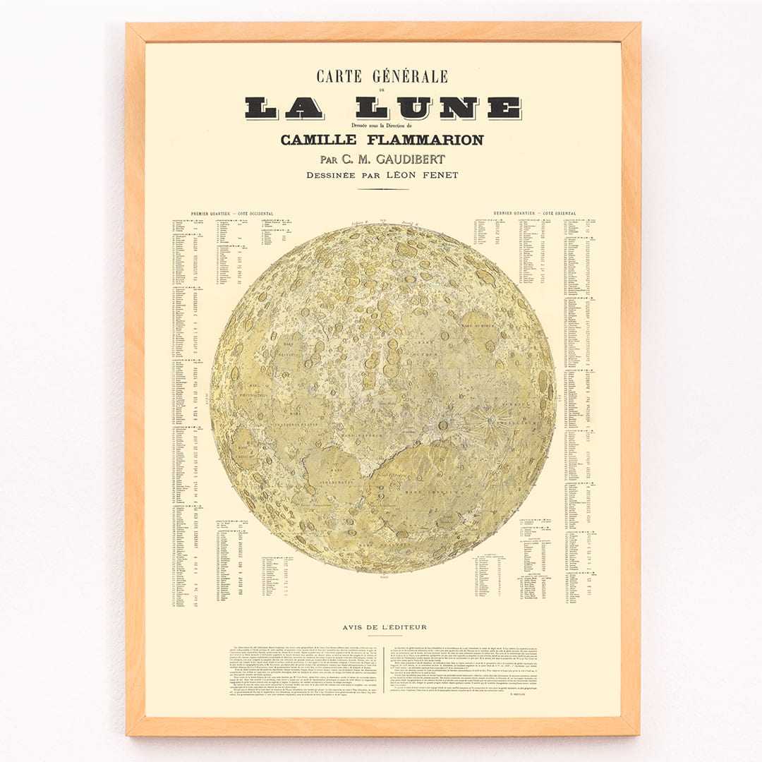 Carte Général de la Lune poster detailed lunar map by Camille Flammarion C M Gaudibert and Léon Fenet, framed and displayed in modern living room decor