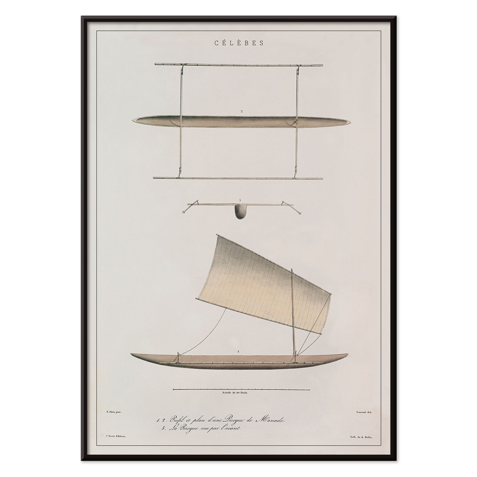 J. Tastu Celebes Canoe poster with minimalist canoe plan and side view in soft beige tones, with black aluminium frame on white background