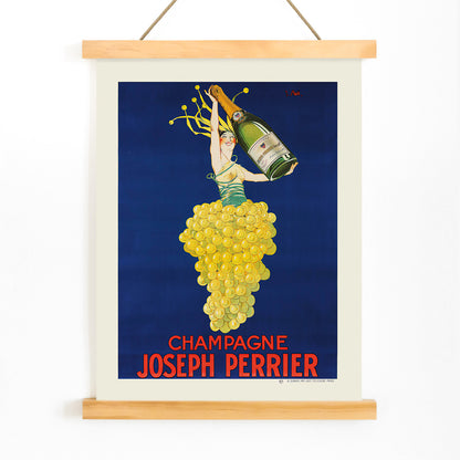 Woman in grape dress holding champagne bottle on blue background Champagne Joseph Perrier poster artwork by Joseph Stall, with wooden magnetic frame on white background