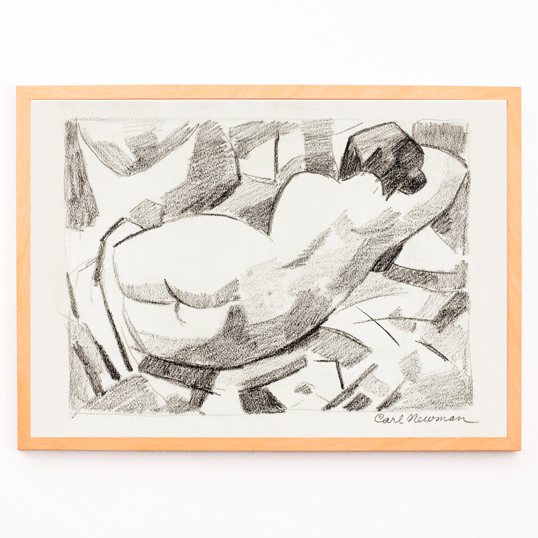 Closeup detail of Charcoal sketch poster of reclining nude woman by Carl Newman featuring a black and white abstract figure