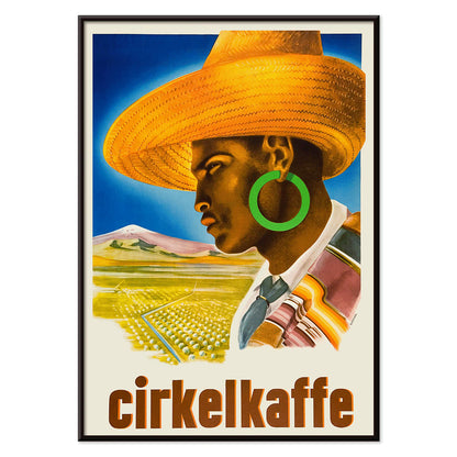 Cirkelkaffe by J Olsens poster featuring a person in a large hat with green earrings and a scenic landscape agricultural background, with black aluminium frame on white background