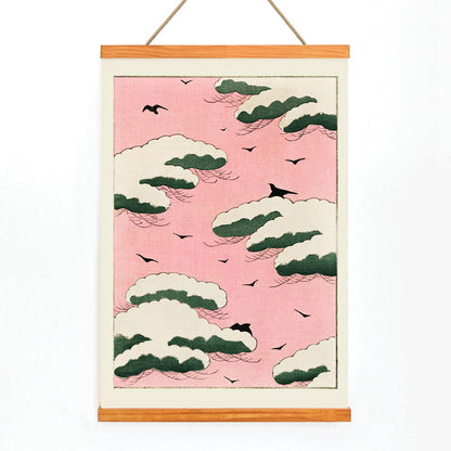 Pink sky with green clouds and black birds by Watanabe Seitei from Bijutsu Sekai Kacho-ga style poster, with wooden magnetic frame on white background