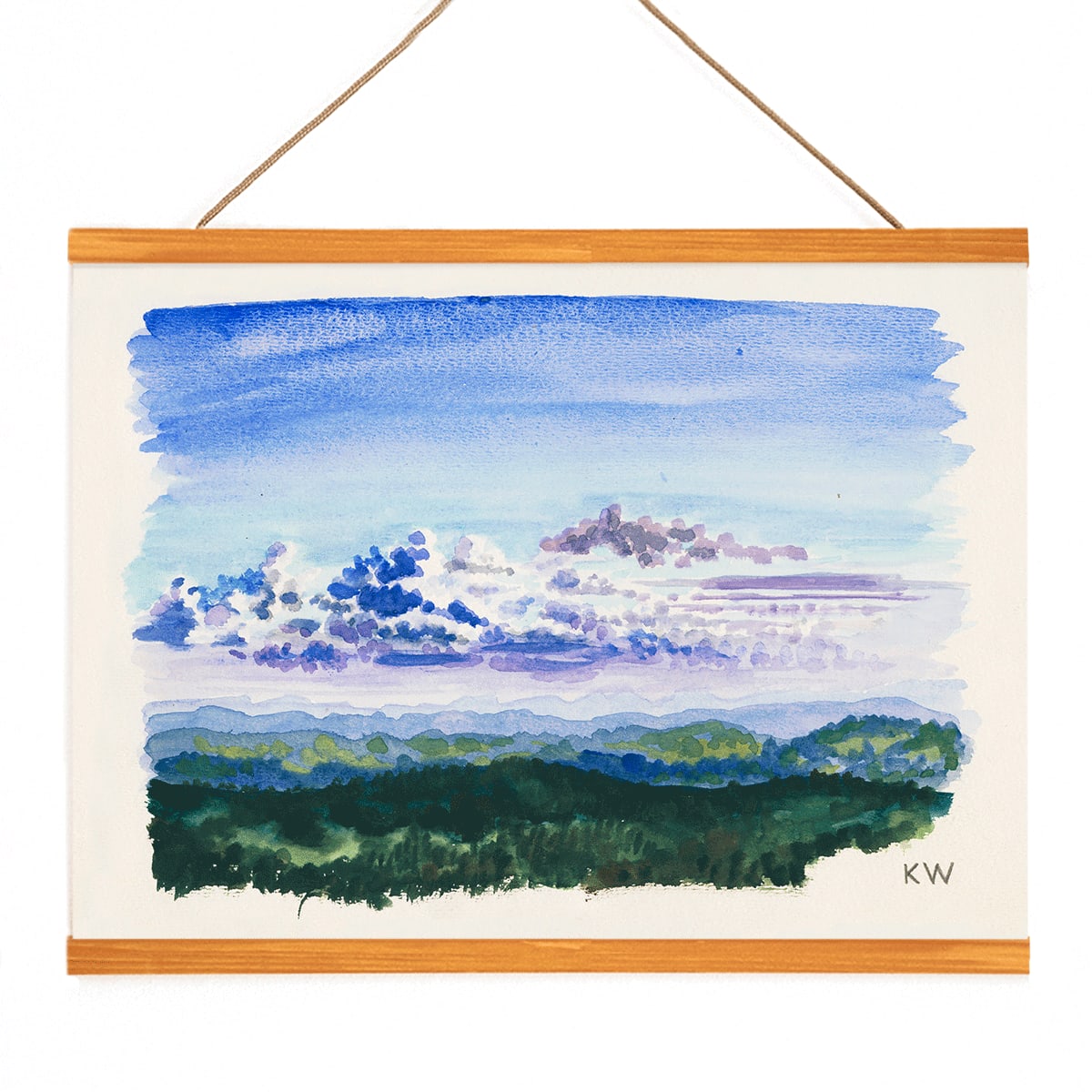 Watercolor landscape painting and abstract poster of blue sky and forest by Karl Wiener titled Naturstudie XXVII, with wooden magnetic frame on white background