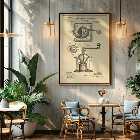 Detailed black and white illustration and patent poster of a mechanical coffee grinder by J C Milligan titled Coffee Mill showing detailed components, framed and displayed in home decor