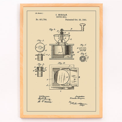 Vintage mechanical drawing and patent sketch of a coffee grinder titled Coffee Mill by C Morgan featuring detailed illustrations and technical specifications, framed and displayed in modern living room decor