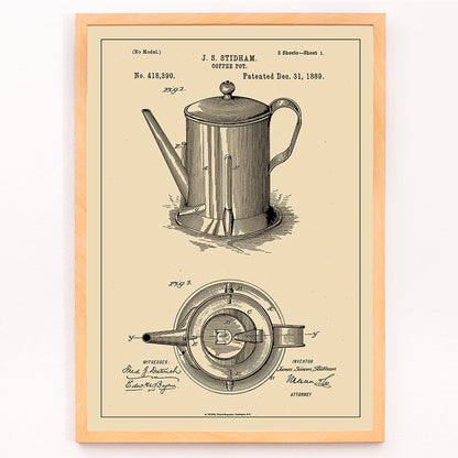 Patent illustration poster of a coffee pot by JS Stidham with detailed technical drawings, framed and displayed in modern living room decor