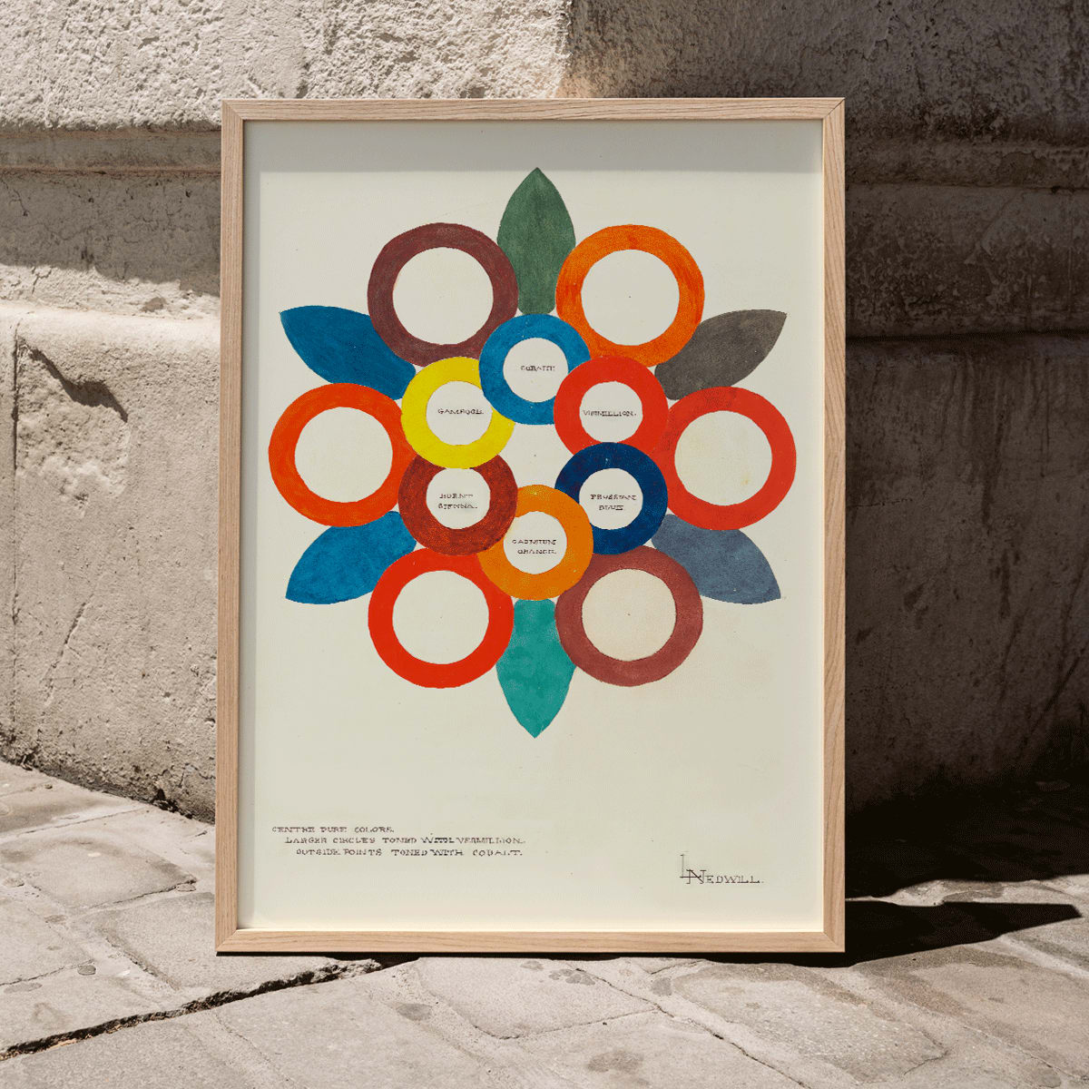 Colorful abstract flower and overlapping rings artwork Centre Pure Colors by Elizabeth A Nedwill, framed and displayed in home decor