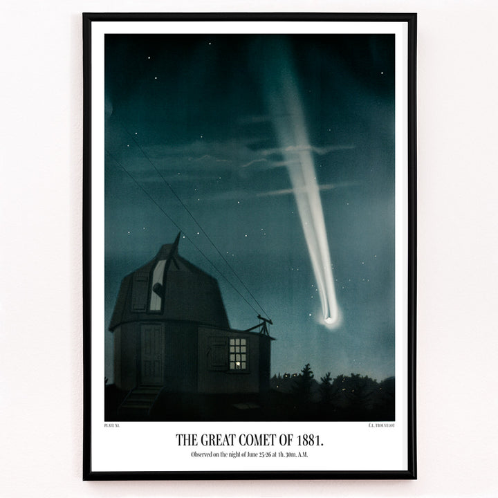 Closeup detail of Night sky with bright comet over observatory artwork The Great Comet of 1881 by E L Trouvelot