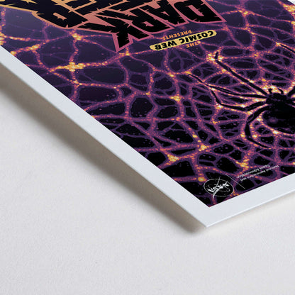 Closeup detail of NASA Dark Matter poster featuring a cosmic web and spider silhouette with vibrant colors and text reading Dark Matter Something Else is Out There