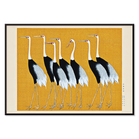 Traditional Japanese red crown crane artwork and portrait poster featuring a flock of beautiful birds by Ogata Korin, with black aluminium frame on white background