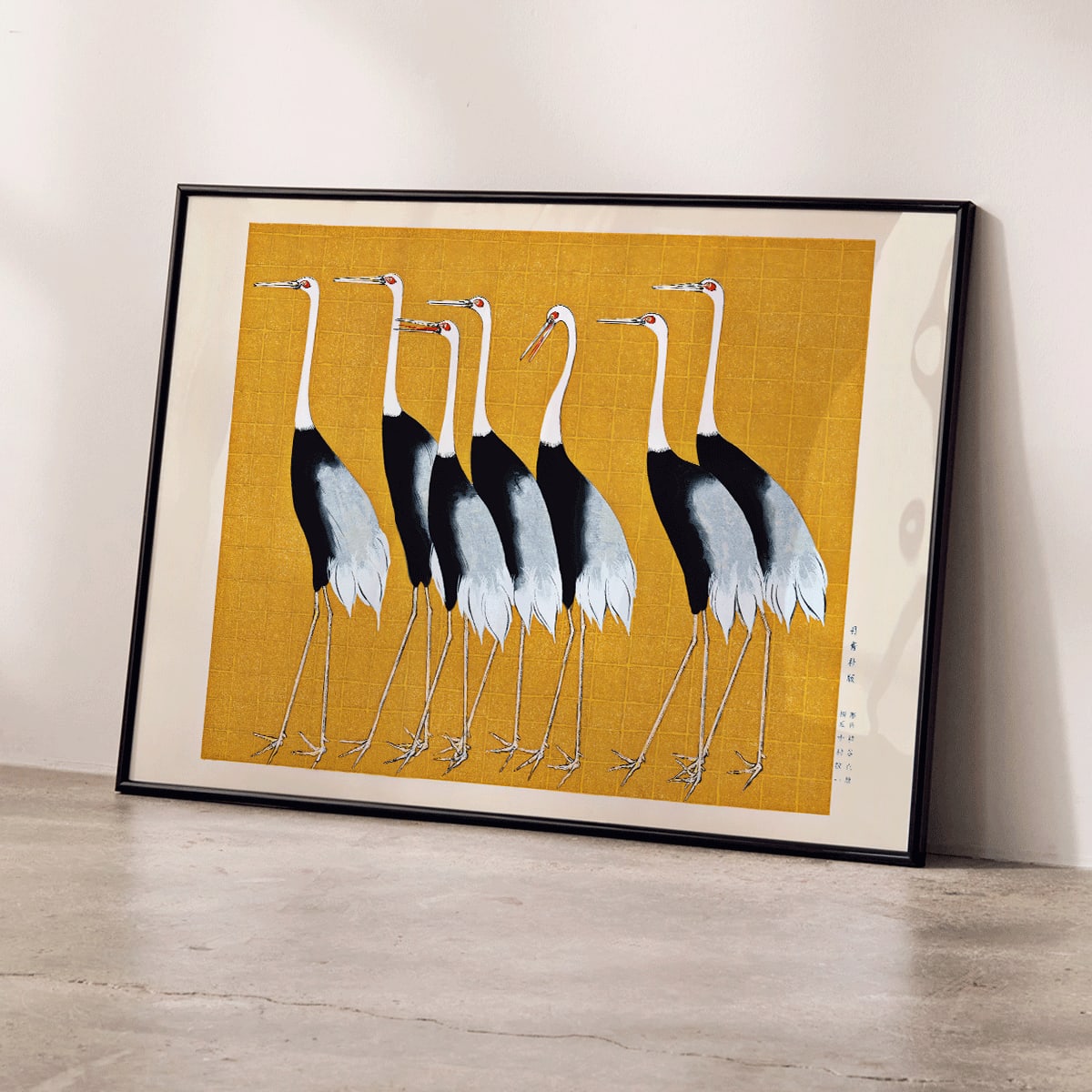 Traditional Japanese red crown crane artwork and portrait poster featuring a flock of beautiful birds by Ogata Korin, framed and displayed in home decor