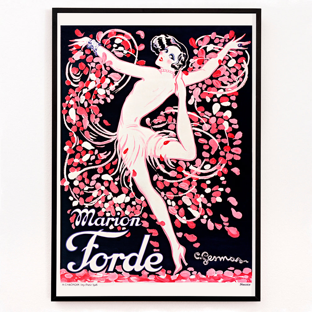 Closeup detail of Art Deco poster of Marion Forde by Charles Gesmar featuring a dancer in a pink dress surrounded by vibrant swirling petals