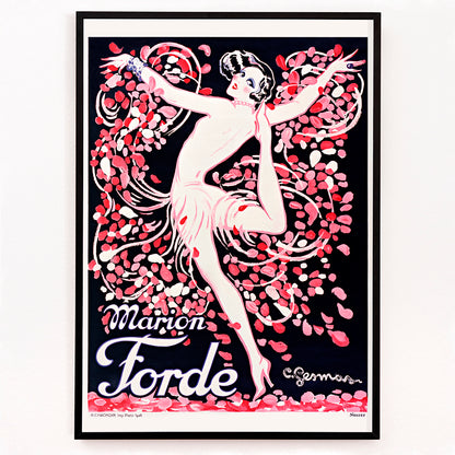 Closeup detail of Art Deco poster of Marion Forde by Charles Gesmar featuring a dancer in a pink dress surrounded by vibrant swirling petals