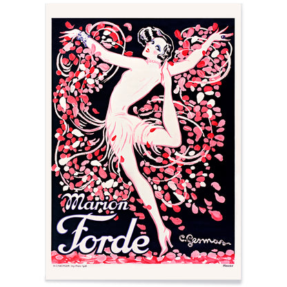 Art Deco poster of Marion Forde by Charles Gesmar featuring a dancer in a pink dress surrounded by vibrant swirling petals, with black aluminium frame on white background