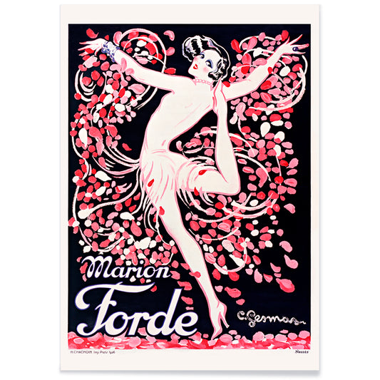 Art Deco poster of Marion Forde by Charles Gesmar featuring a dancer in a pink dress surrounded by vibrant swirling petals, with black aluminium frame on white background