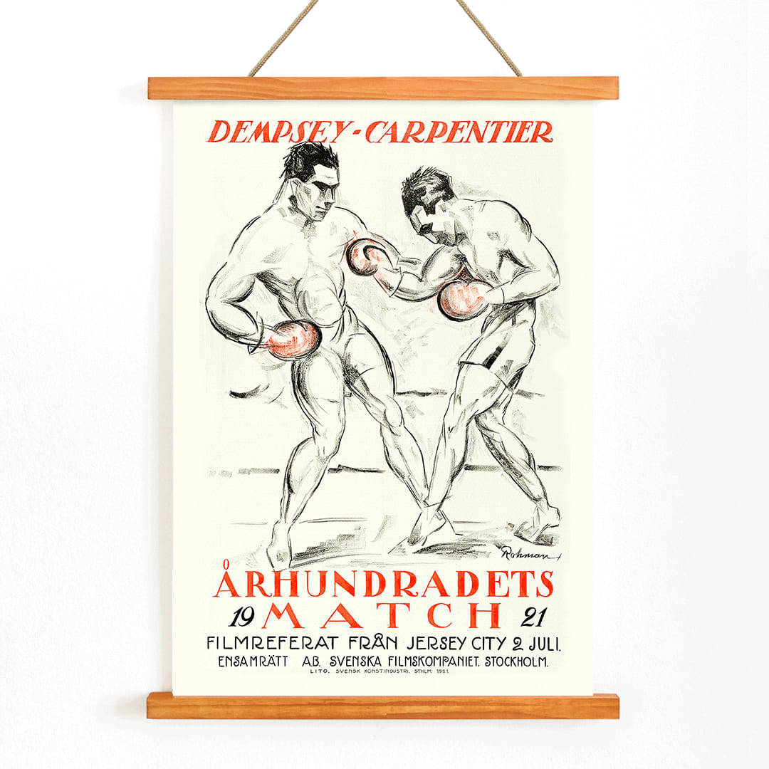 Boxing Match of the Century Dempsey Vs Carpentier illustration and poster by Eric Rohman showing two boxers mid fight with Swedish text, with wooden magnetic frame on white background