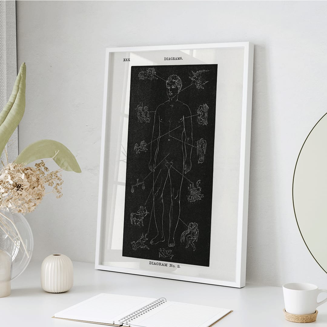 Human body diagram with astrological zodiac symbols and body part connections from Solar Biology by Hiram Erastus Butler, framed and displayed in home decor
