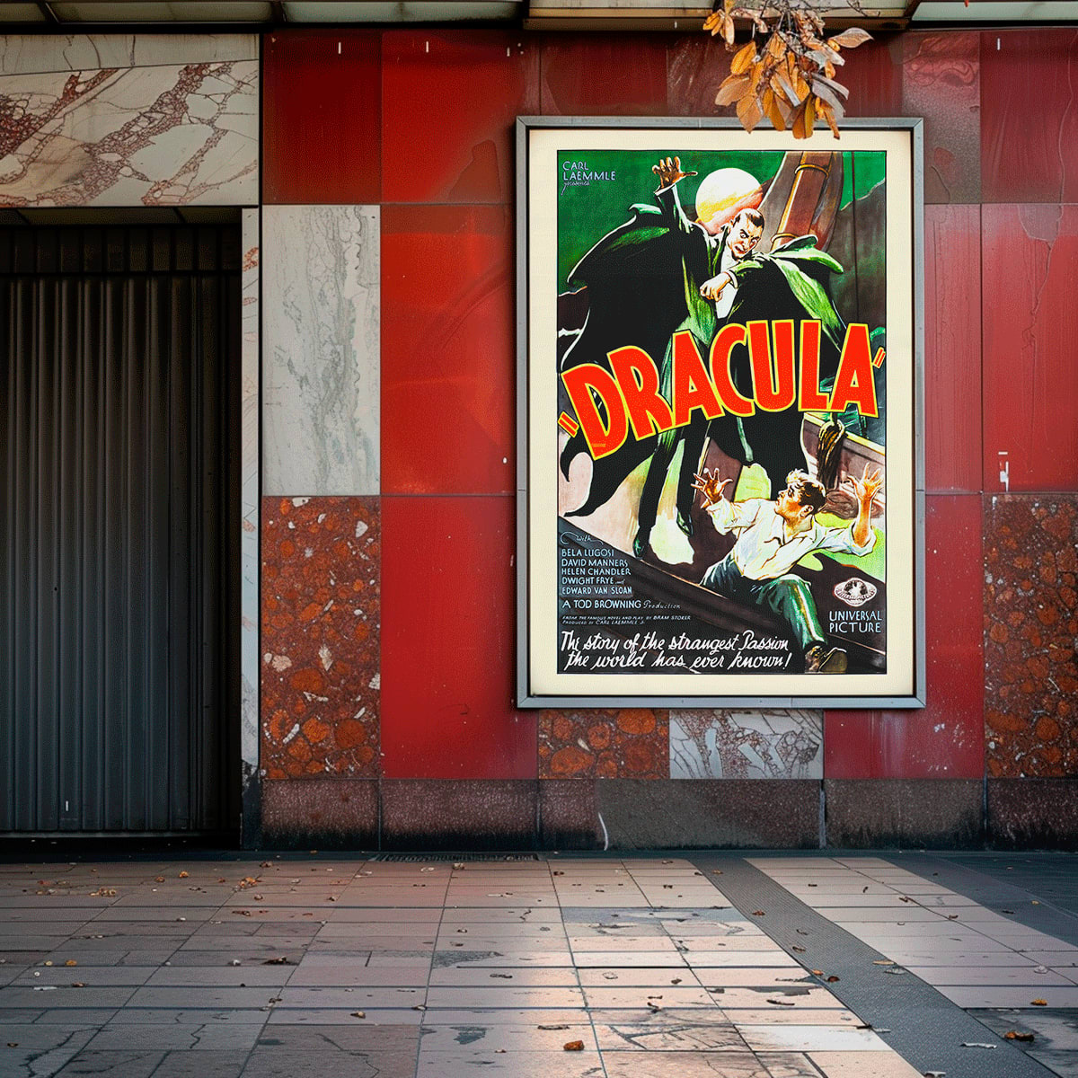 Dracula movie poster by artist showing a menacing Dracula in a green cloak pursuing a terrified man with a full moon in the background, framed and displayed in modern living room decor