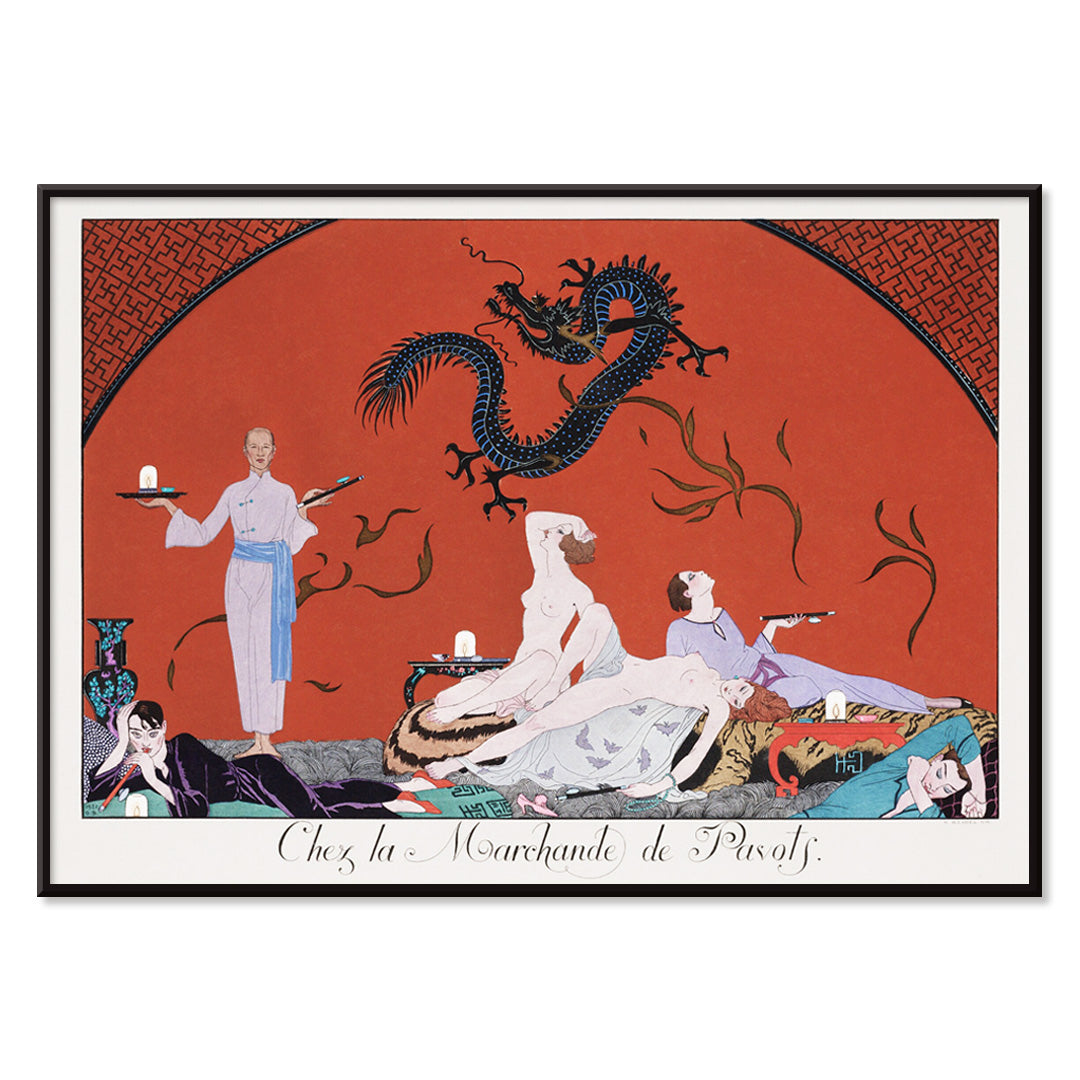 Opulent oriental scene with reclining figures and a blue dragon in Chez la Marchande de Pavots by George Barbier poster on a red background, with black aluminium frame on white background