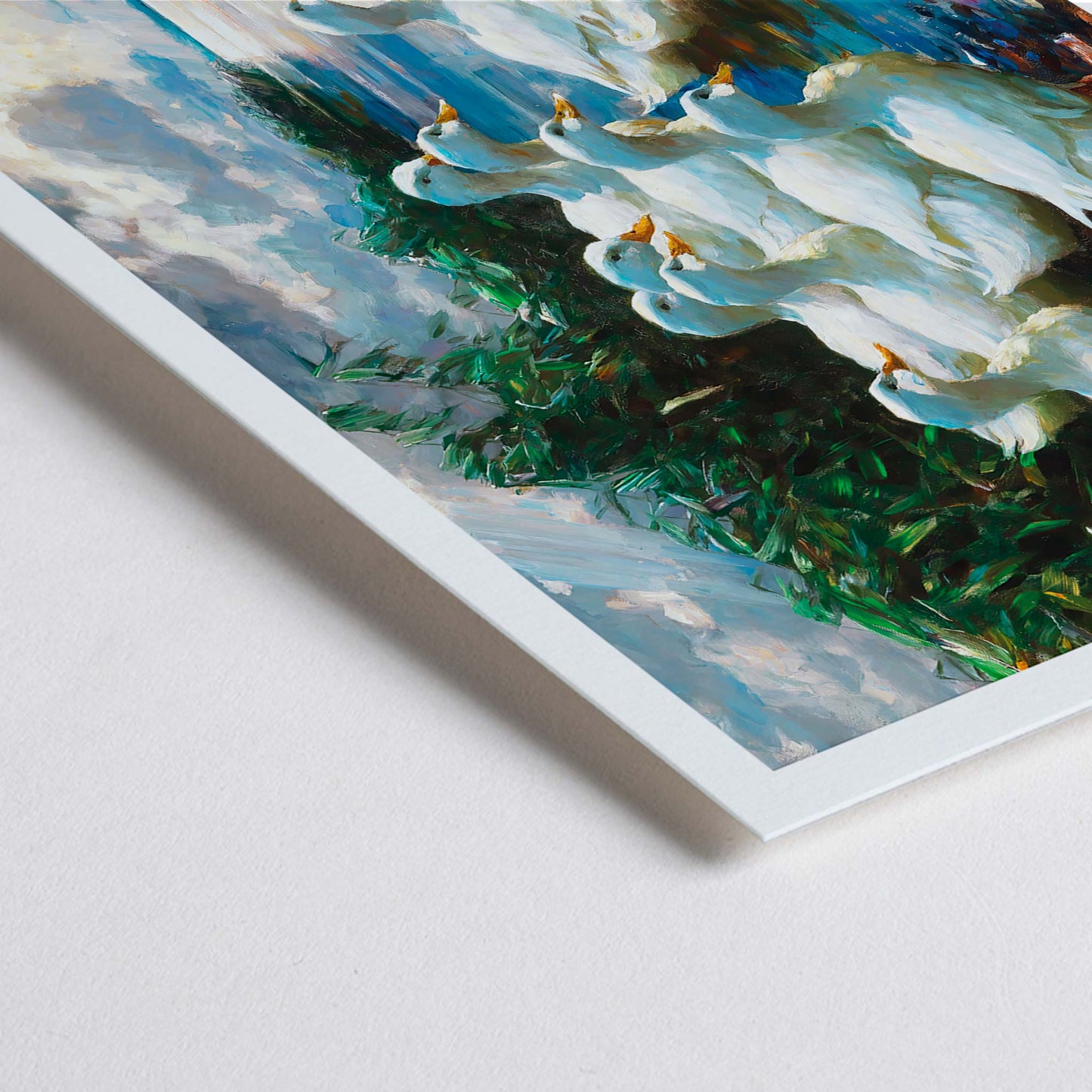 Closeup detail of White ducks by a lake with greenery and blue sky artwork inspired by Alexander Koester