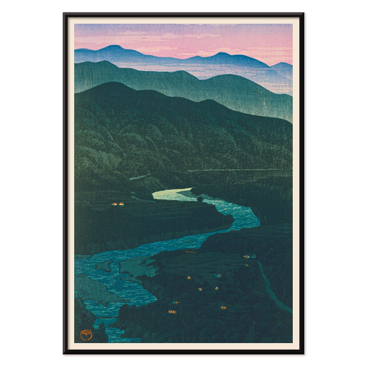 Ecchu Umidani Pass by Kawase Hasui landscape artwork showing mountains and a winding river at dawn and dusk, with black aluminium frame on white background