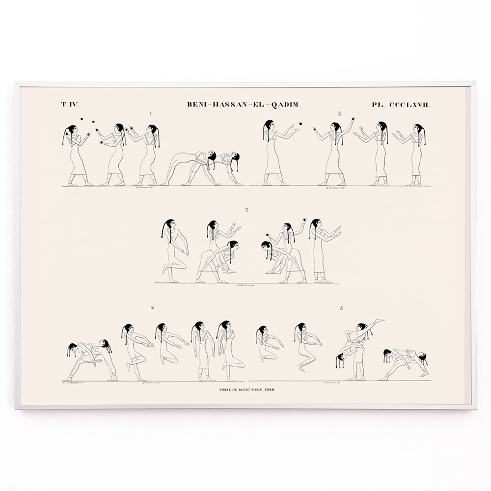 Closeup detail of Ancient Egyptian wrestling scene and poster with line drawings from Tomb of Rotei north wall by Jean Francois Champollion