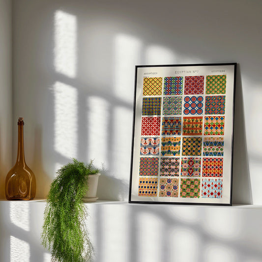 Colorful Egyptian geometric patterns artwork Egyptian 7 by Owen Jones from Century Grammar of Ornament book vibrant poster design, framed and displayed in home decor