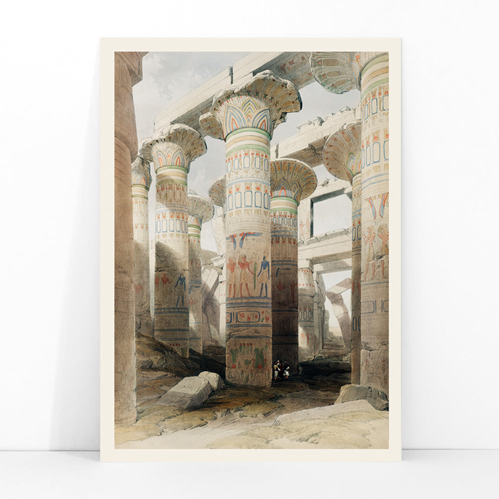 Ancient Egyptian temple columns with hieroglyphs and painted details at Karnak ruins artwork by David Roberts, framed and displayed in modern living room decor