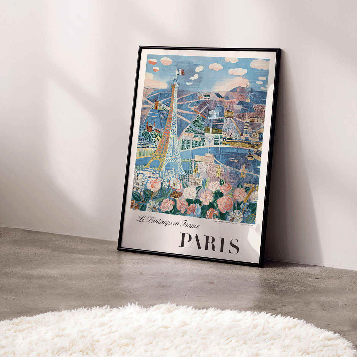 Le Printemps en France by Raoul Dufy Paris Eiffel Tower and flowers artwork poster, framed and displayed in home decor