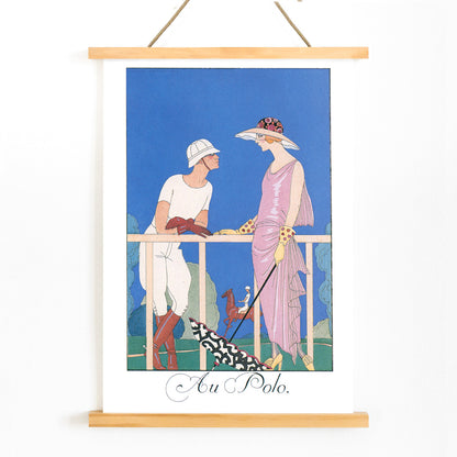Elegant couple and elegantly dressed man and woman at a polo match fashion illustration and artwork Au Polo by George Barbier, with wooden magnetic frame on white background