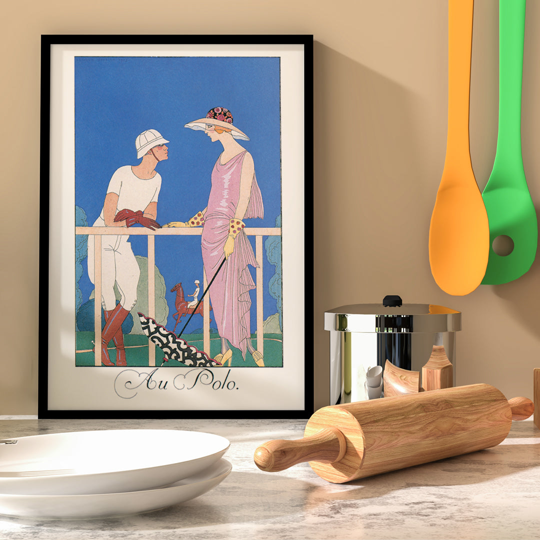 Elegant couple and elegantly dressed man and woman at a polo match fashion illustration and artwork Au Polo by George Barbier, framed and displayed in home decor