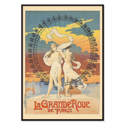 Two women in flowing dresses in front of a Ferris wheel at sunset colorful sky La Grande Roue artwork poster, with black aluminium frame on white background