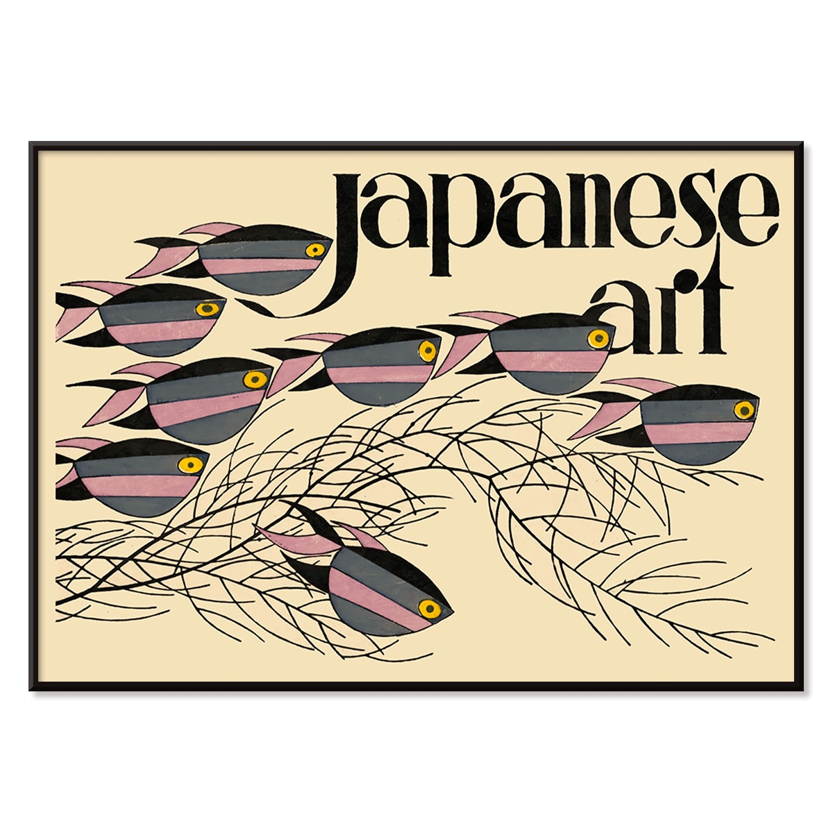 Japanese Art by Julius Klinger colorful fish and seaweed poster with text illustration, with black aluminium frame on white background