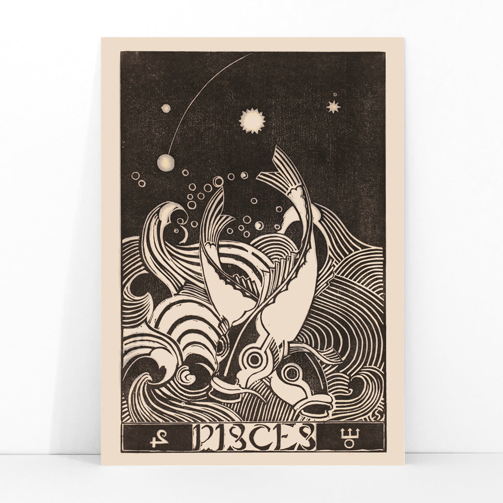 Black and white Pisces zodiac sign illustration with two stylized fish swimming among swirling waves artwork by Henri van der Stok, framed and displayed in modern living room decor