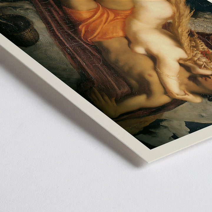 Closeup detail of The Fisherman And The Syren by Frederic Leighton poster showing a fisherman embraced by a mermaid in a mythological scene