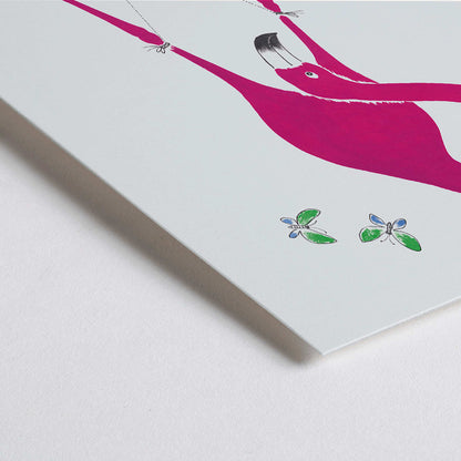 Closeup detail of Pink flamingo holding a swinging book with butterflies and a monkey art poster titled Swing into Books