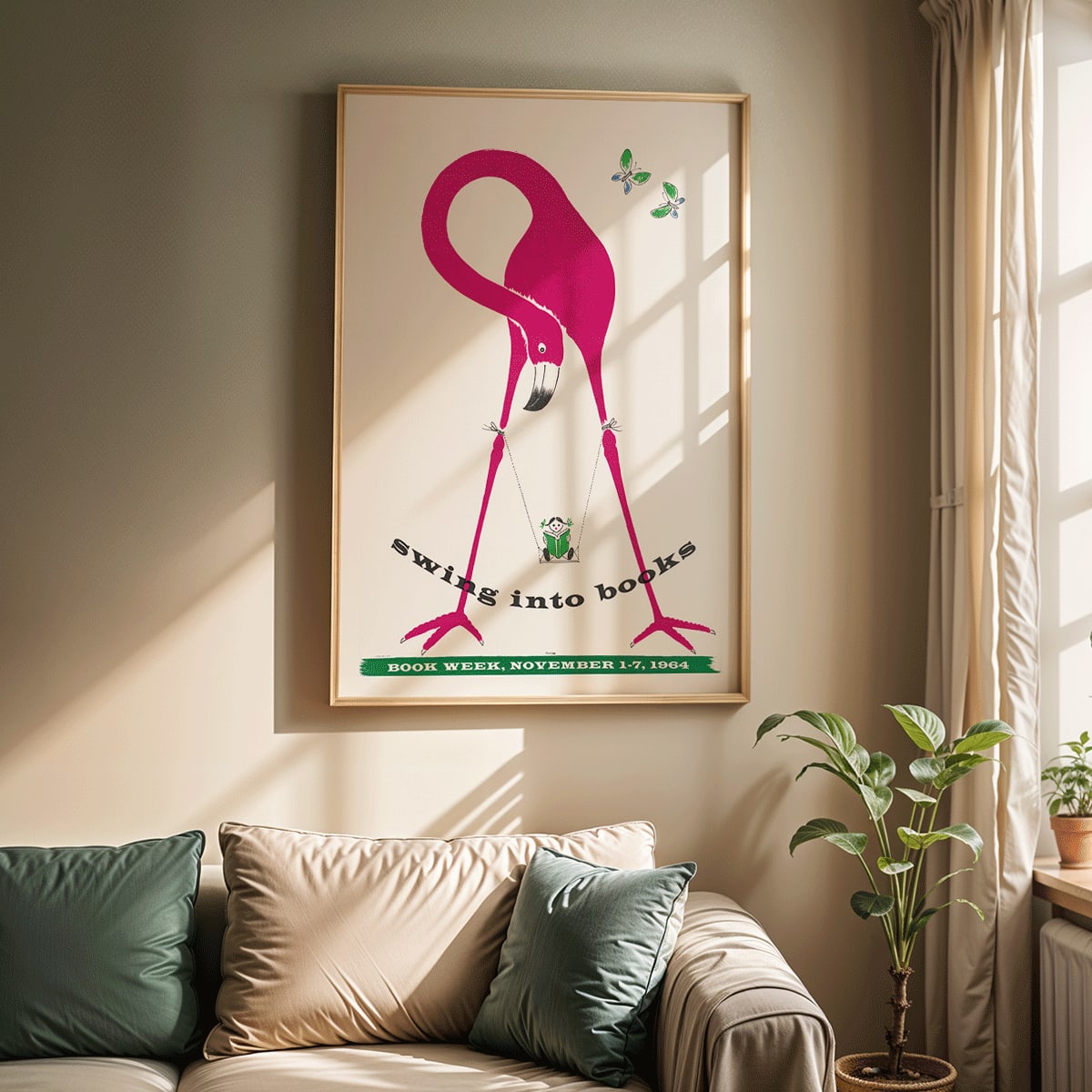 Pink flamingo holding a swinging book with butterflies and a monkey art poster titled Swing into Books, framed and displayed in modern living room decor