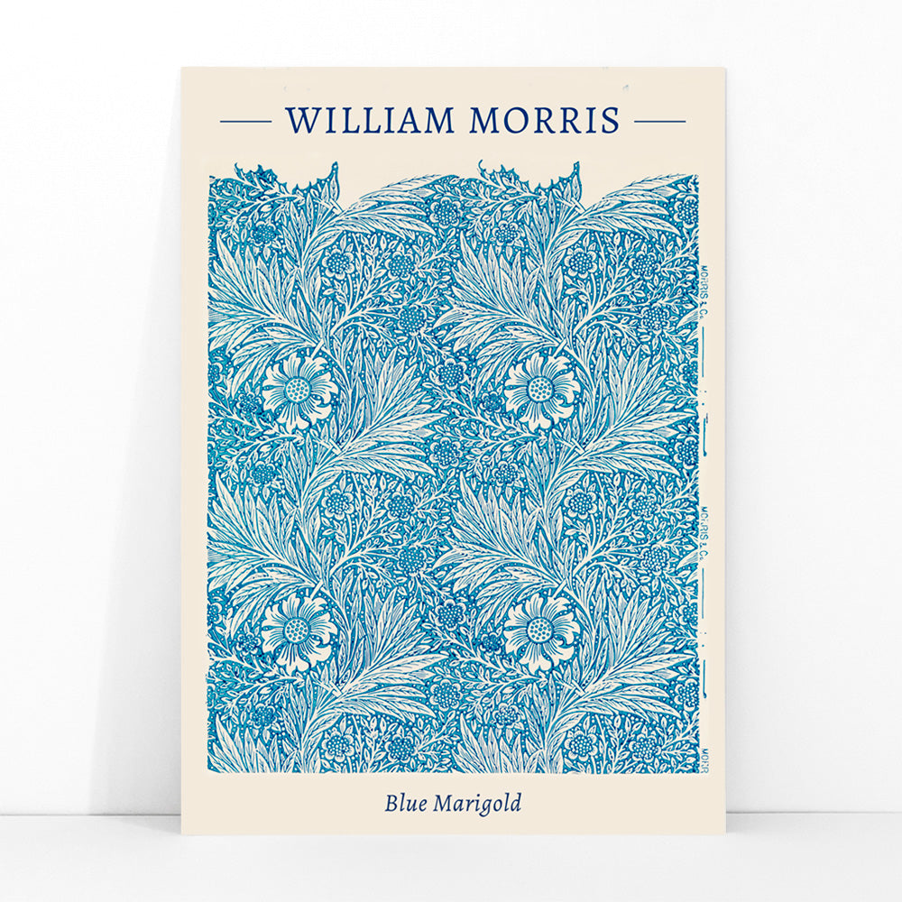 Blue Marigold illustration by William Morris featuring intricate blue floral patterns and leafy designs poster and artwork, framed and displayed in modern living room decor