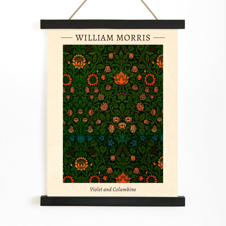Floral pattern artwork poster titled Violet and Columbine by William Morris featuring intricate botanical designs with vivid green and orange tones, with wooden magnetic frame on white background