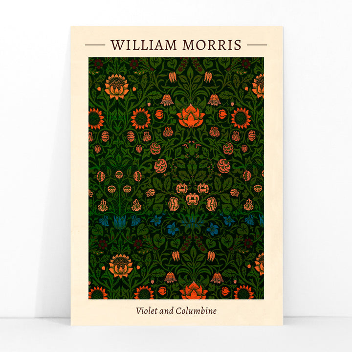 Floral pattern artwork poster titled Violet and Columbine by William Morris featuring intricate botanical designs with vivid green and orange tones, framed and displayed in modern living room decor