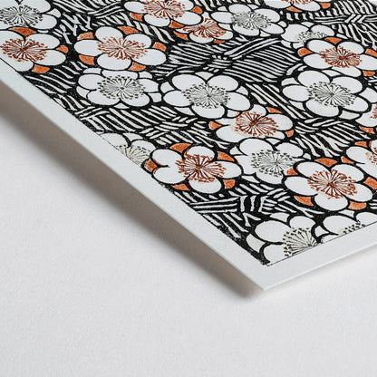 Closeup detail of Floral pattern artwork by Watanabe Seitei from Bijutsu Sekai in traditional Kacho-ga style featuring intricate white and orange flowers and leaves poster