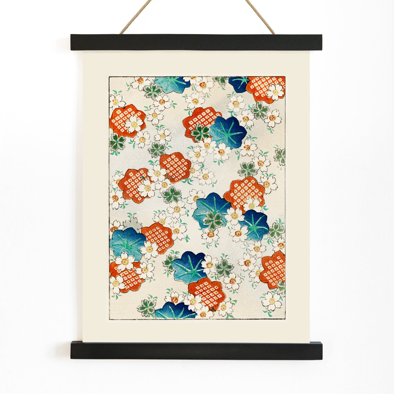 Colorful floral pattern artwork by Watanabe Seitei from Bijutsu Sekai featuring traditional Japanese design with colorful blossoms and leaves on a light background, with wooden magnetic frame on white background