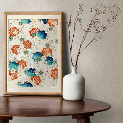 Colorful floral pattern artwork by Watanabe Seitei from Bijutsu Sekai featuring traditional Japanese design with colorful blossoms and leaves on a light background, framed and displayed in home decor