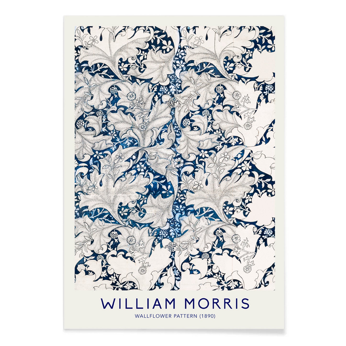 Wallflower Pattern by William Morris featuring intricate blue and white floral botanical design with decorative leaves artwork poster, with black aluminium frame on white background