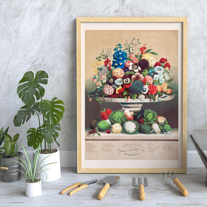 Colorful poster of flowers and vegetables in a vase by Anton Carl Rahn for wall decor, framed and displayed in home decor